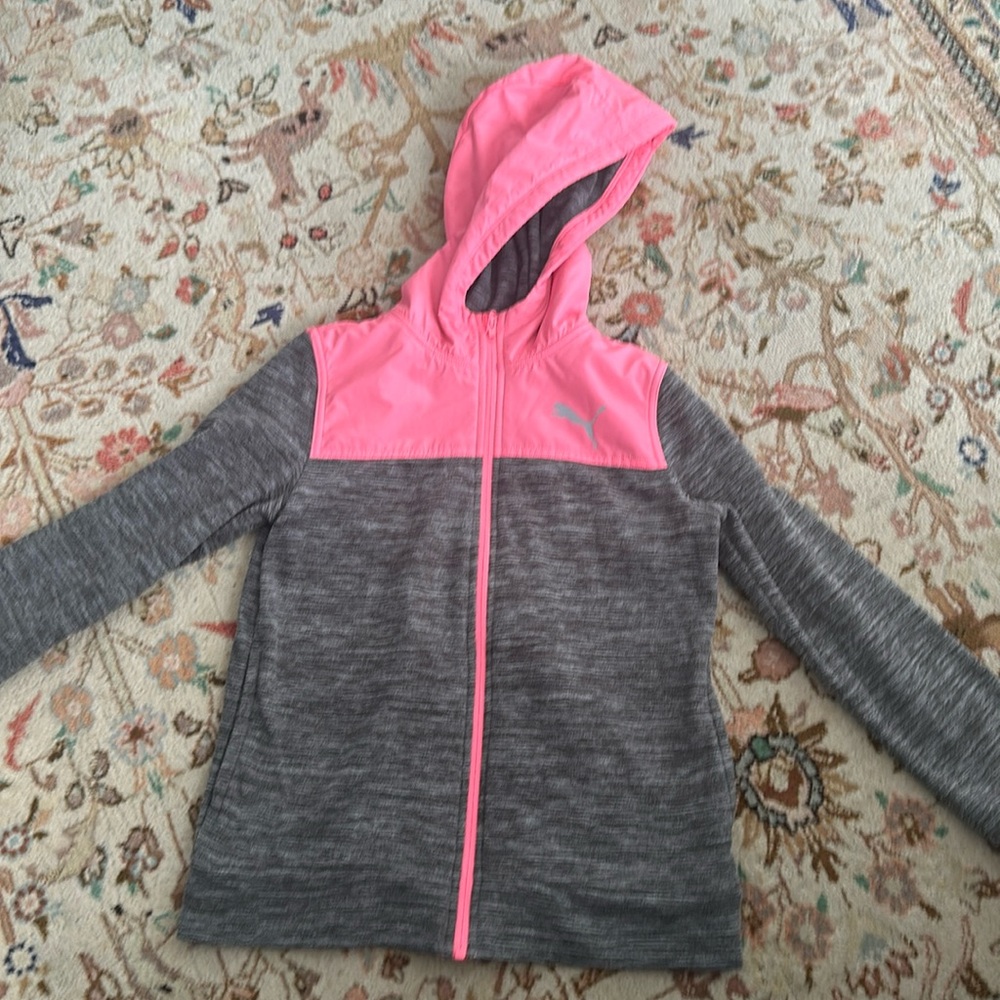 Puma kids pink and heather grey fleece hooded zip up.
